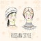 Hand-drawn pretty russian girl faces. Russian style design. Culture, way of life, traditions. Vector art.