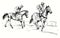 Hand drawn professional athlete jockey on horseback following other participating in racing on the racetrack.