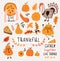 Hand drawn pumpkins and leaves. Cute card design for Halloween or Thankful day.