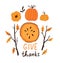 Hand drawn pumpkins and leaves. Cute card design for Halloween or Thankful day.