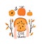 Hand drawn pumpkins and leaves. Cute card design for Halloween or Thankful day. Vector thanksgiving illustration.