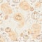 Hand drawn pumpkins, leaves, mushroom, acorn, chestnut. Autumn line sketch foliage seamless pattern vibrant and textured