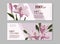 Hand drawn purple lily and  Tropical dark green leaves gift voucher design, branding, invitation  template, advertising graphics