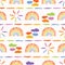 Hand drawn rainbow cloud sun illustration. Multicolor seamless vector pattern.