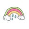 Hand Drawn Rainbow with rain drop and Clouds. Funny greetings for clothes, card, badge, icon, postcard, banner, tag, stickers,