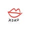 Hand drawn red lips kiss stylish symbol, hugs and kisses text