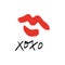 Hand drawn red lips kiss stylish symbol, hugs and kisses text