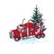 Hand drawn red truck with christmas tree and gifts isolated on white background. Vintage sketch xmas lorry transport
