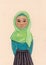 Hand drawn religious muslim woman.  Young girl. Female in green scarf and black skirt. Gouache and watercolor drawing. Graphic ske