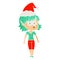 hand drawn retro cartoon of a elf girl staring wearing santa hat