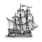 Hand drawn retro sailing ship in sea sketch. Hand drawn vector illustration in vintage engraving style