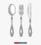 Hand drawn retro spoon, fork and knife. Engraved style vector illustration. Elements for your design works.