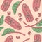 Hand drawn rhubarb pattern. leaves, bunches cut and whole with strawberries composition. Good for backdrop, textile, wrapping pape