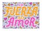 Hand drawn romantic lettering phrase Power of love in spanish language. Hearts  and drops background