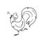 A hand-drawn rooster crows. Doodle rooster with a gorgeous tail stands on one leg with its head up and sings. Vector stock