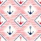 Hand-Drawn Rope Frames with Anchors and Stripes Vector Seamless Pattern. Blue and Red Marine Background