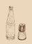 Hand drawn salt and pepper mill, shaker, grinder and bottle of water. Vector sketch illustration on light beige background. Brown