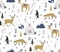 Hand drawn scandinavian animals in the forest, seamless pattern. Scandinavian style traditional. Vector illustration.