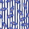 Hand drawn sea fauna seamless pattern with random bright blue surgeon fish elements. Striped background