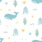 Hand drawn sea life seamless pattern. Unique marine life objects. Save the ocean texture. Doodle underwater seascape