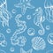 Hand drawn sea pattern with seashells, jellyfishes, seaweed and starfishes. Vector illustration