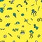 Hand drawn seamless doodle pattern, birthday theme. robot bear ball doll scooter bike baseball ski sunglasses cake the