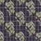 Hand drawn seamless doodle pattern with contoured green leaf branches on navy blue background with check. Simple backdrop