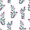 Hand drawn seamless endless watercolor floral pattern with small twigs with violet purple buds and burgeons on white background.