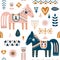 Hand drawn seamless folk art pattern. Nordic repeating pattern with Dala Horse.