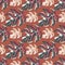 Hand drawn seamless monstera pattern. Navy blue and light tone palette on brick color background
