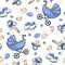 Hand drawn seamless pattern with  baby carriage, rattle, baby bootie, baby pacifier in doodle sketch style.