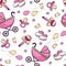 Hand drawn seamless pattern with  baby carriage, rattle, baby bootie, baby pacifier in doodle sketch style.