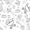 Hand drawn seamless pattern with  baby carriage, rattle, baby bootie, baby pacifier in doodle sketch style.