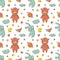 Hand drawn seamless pattern with baby colorful toys as teddy bear and flying rabbit