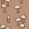 Hand drawn seamless pattern with beige brown forest wood mushrooms. Woodland minimalist toadstool wild fungus fungi