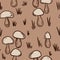 Hand drawn seamless pattern with beige brown forest wood mushrooms. Woodland minimalist toadstool wild fungus fungi