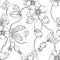 Hand drawn seamless pattern black and white of blossom dogrose flower, briar, plant, leaf. Vector illustration. Elements