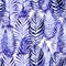 Hand drawn seamless pattern with blue palm leaves, drawn with purple and blue watercolor and brush. Leaves in different sizes and