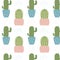 Hand-drawn seamless pattern with cactuses in pots.