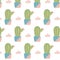 Hand-drawn seamless pattern with cactuses in pots.