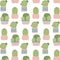 Hand-drawn seamless pattern with cactuses in pots.