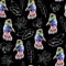 Hand drawn seamless pattern with cassowary birds and tropical fruit and leaves on black background.