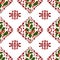 Hand drawn seamless pattern with Christmas winter elements in red green pink, traditional retro vintage holly holiday