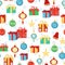 Hand drawn seamless pattern of colorful decorative Christmas tree balls and gifts. New Year and Christmas drop ornaments holiday