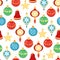 Hand drawn seamless pattern of colorful decorative glass Christmas tree balls. Happy New Year and Christmas drop ornaments holiday