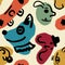 Hand drawn seamless pattern with colorful orange blue red cute monsters on beige background. Cute funny halloween doodle