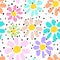 Hand drawn seamless pattern with colorful unusual flowers on polka dots background. Perfectly look on fabric, textile, etc