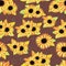 Hand drawn seamless pattern of composition blooming sunflowers and colorful leaves. Decorative autumn watercolor bouquet