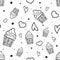 Hand drawn seamless pattern with cupcakes, hearts and dots. Party background. Vector illustration