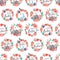 Hand drawn seamless pattern of cute wreaths with Easter eggs, flowers, leaves, bunny, butterfly, bird, text. Spring floral sketch